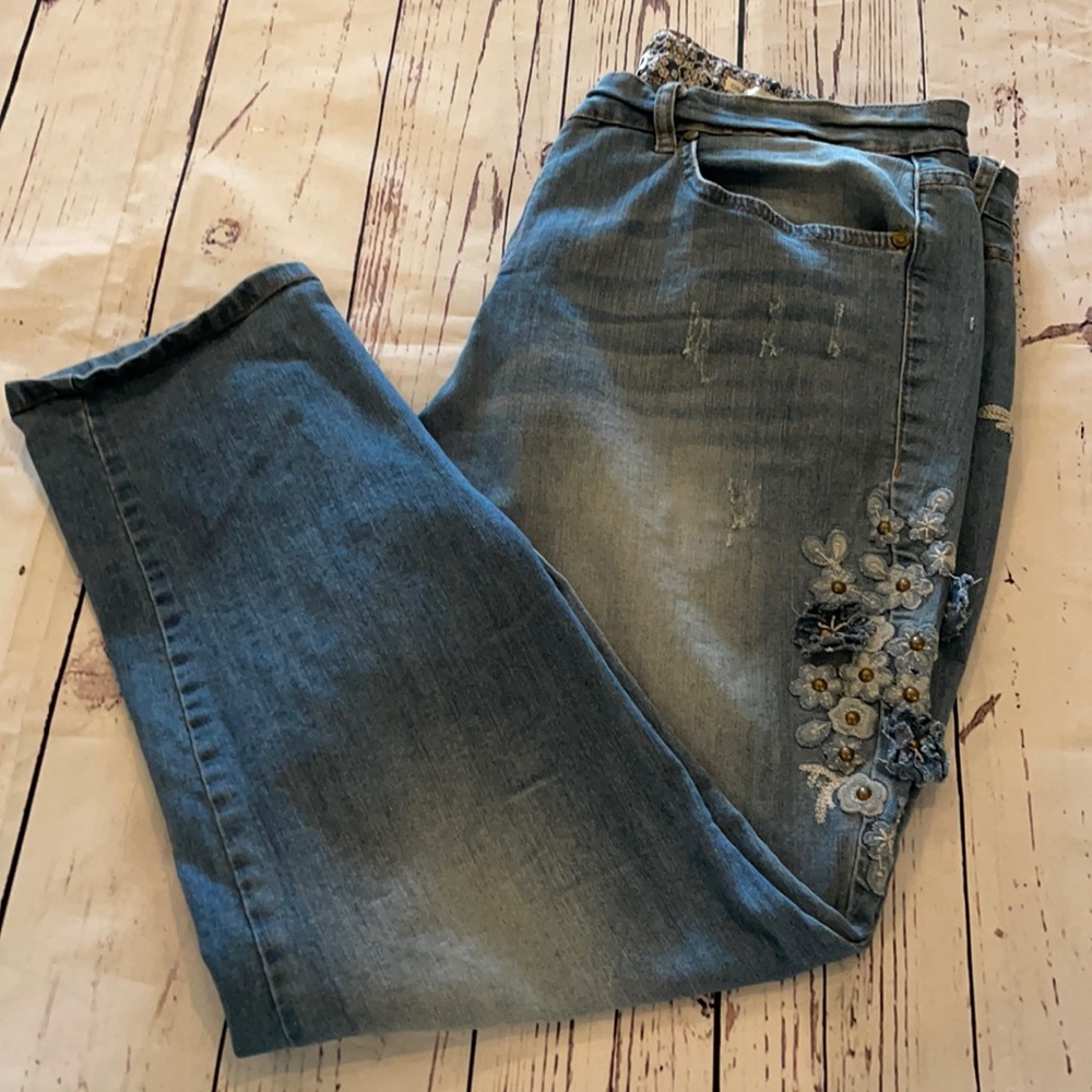 Code Blue denim flowered crop jeans